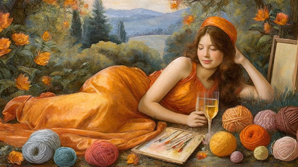 AI Image based on the pre raphaelite painting Flaming June.  A women in an orange dress lies in a landscape holding a glass of wine and surrounded by balls of yarn and painting materials