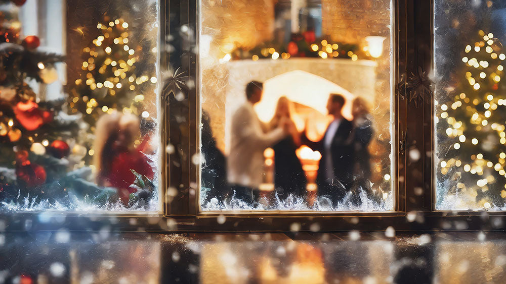 AI image of a frosted window looking through into a christmas party, decorations, bokeh lights and roaring fire, people have a good time.