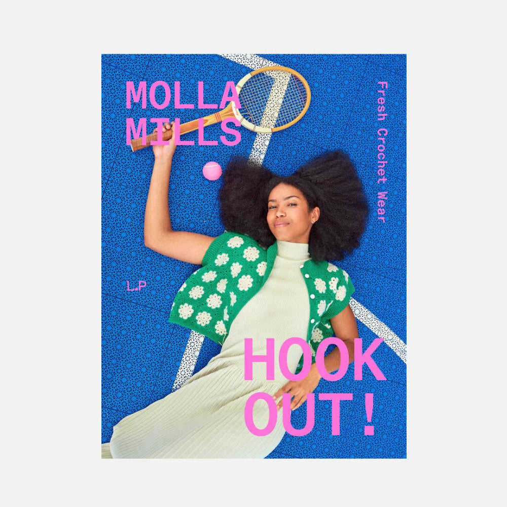 Book cover with a person holding a tennis racket against a blue background, featuring the text 'Molla Mills' and 'Hook Out!'.
