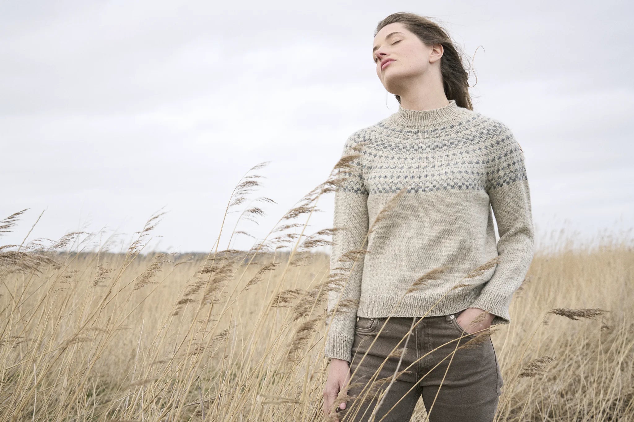 The Bramble & Fleece Balsam Sweater, yoke colourwork detail in two tonal shades of Sheepsoft DK