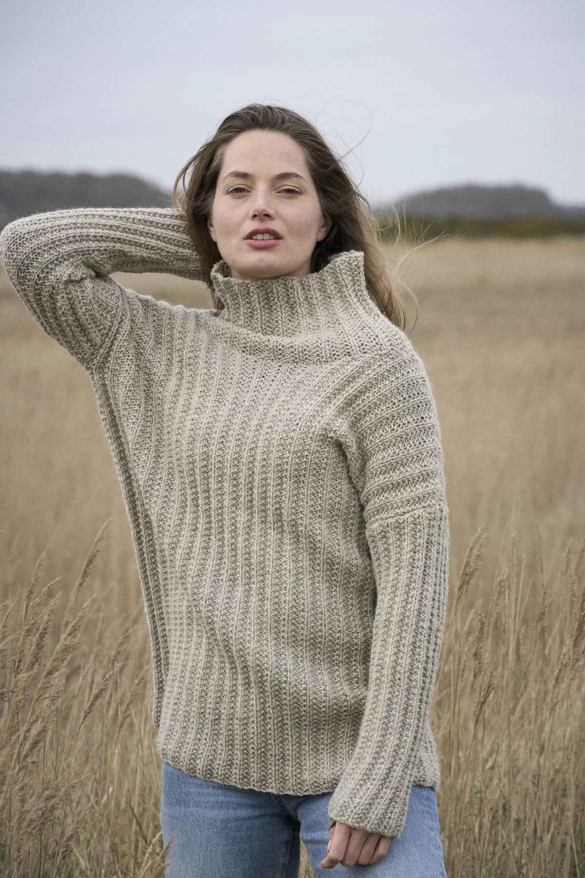 The Bramble & Fleece Otley Sweater, all-over mistake rib with a chunky high neck, in Wooltrace DK