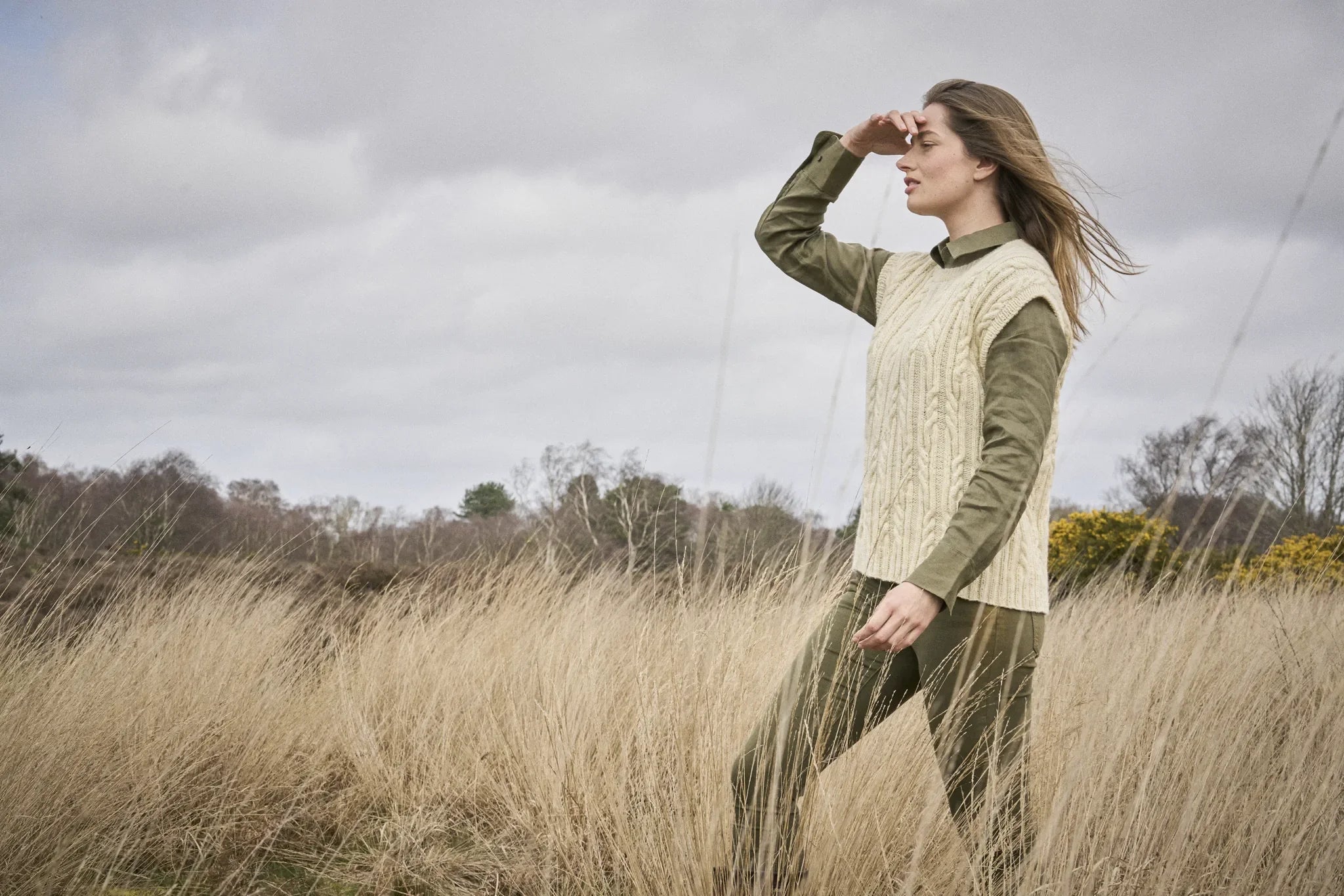 The Bramble & Fleece Thistle Slipover, cable detail, in Wooltrace DK