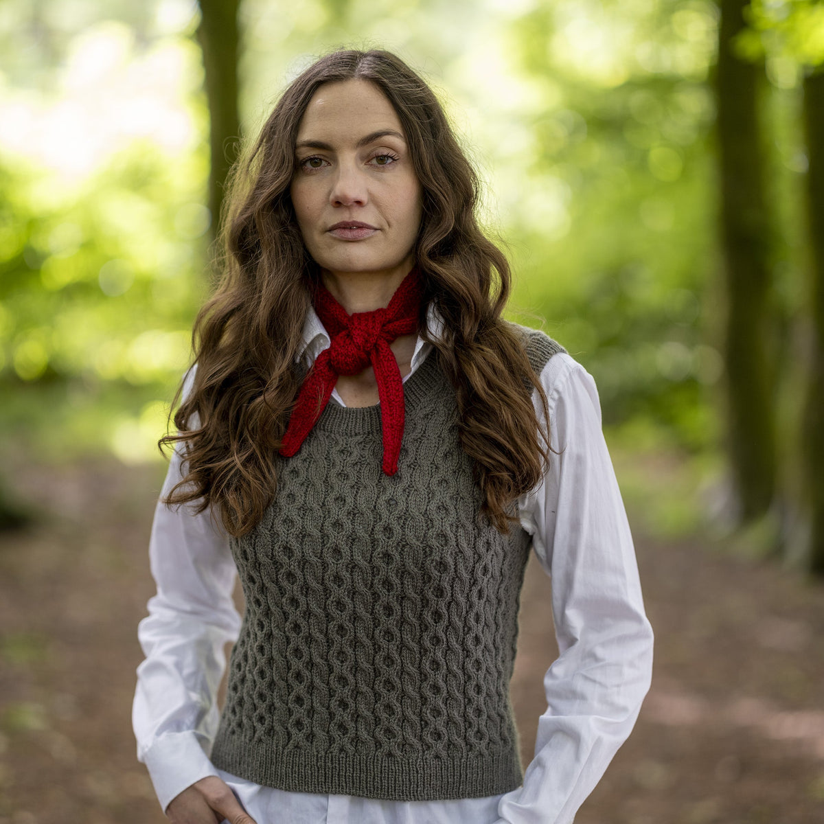 The Cassilis Scarf worn, showing its length and drape.