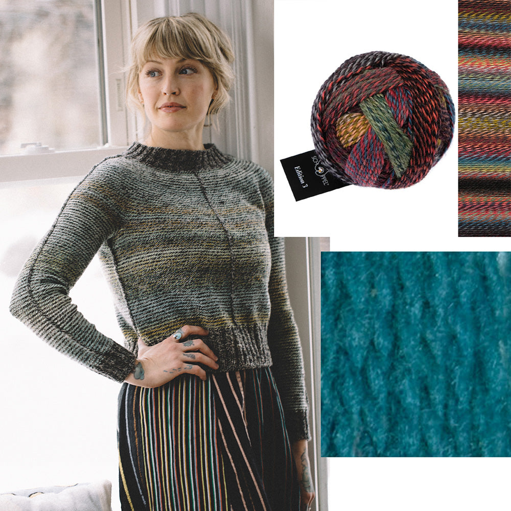 Orry Yarn Merino DK in Fingals Cave with Schoppel Edition 3 in Rainbow Spots, the yarn pairing for the Metamorphic knitting kit