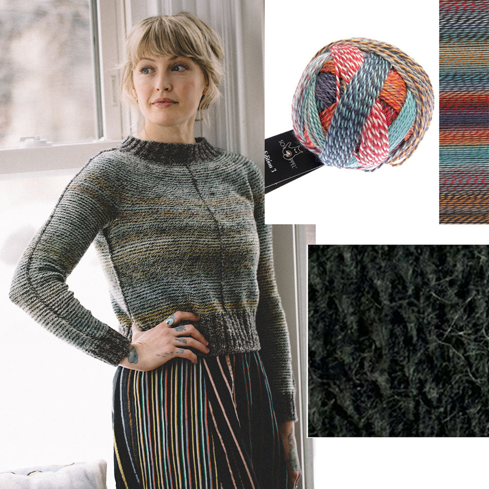 Orry Yarn Merino DK in Hogback with Schoppel Edition 3 in Rumour Mill, the yarn pairing for the Metamorphic knitting kit