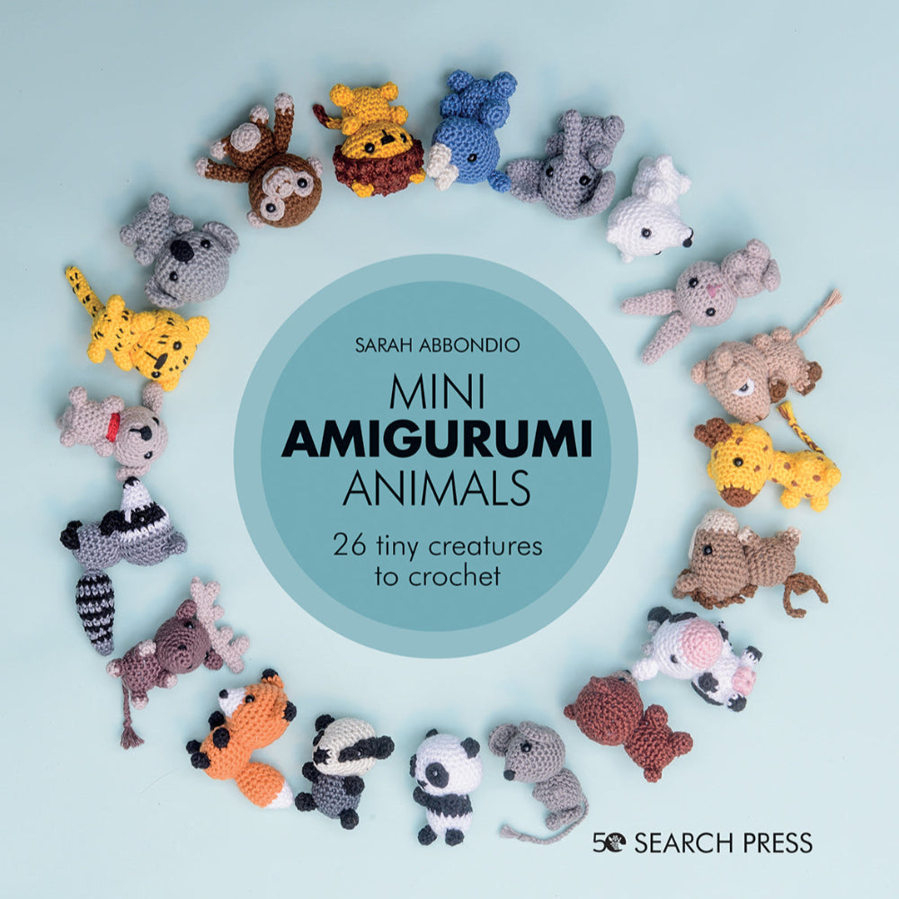 Book cover of 'Mini Amigurumi Animals' by Sarah Abbondio with crochet animals arranged around a central circle.