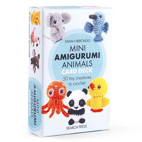 Mini Amigurumi Animals Card Deck packaging with illustrations of small animals on a white background