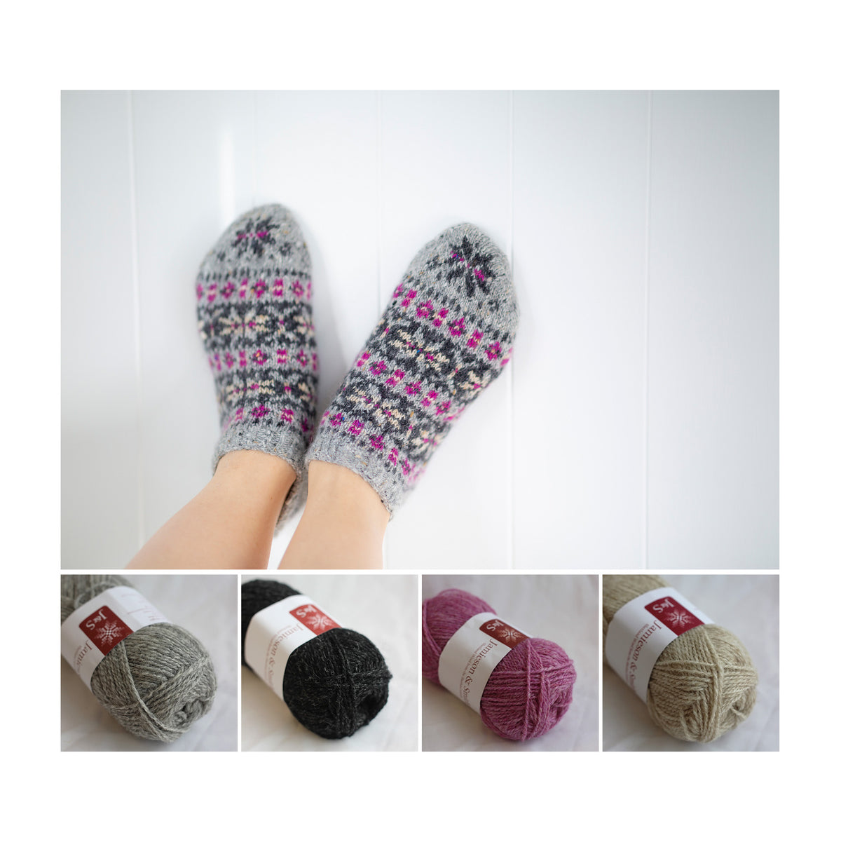 Pouzle slippers knitted in the Mel colourway, with its four shades shown below: Light Grey 203, Charcoal 81, Bright Pink Mix FC22 and Light Fawn 202