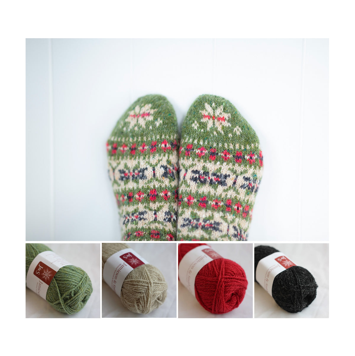 Pouzle slippers knitted in the Emily colourway, with its four shades shown below: Light Green Mix FC24, Light Fawn 202, Red 1403 and Charcoal 81