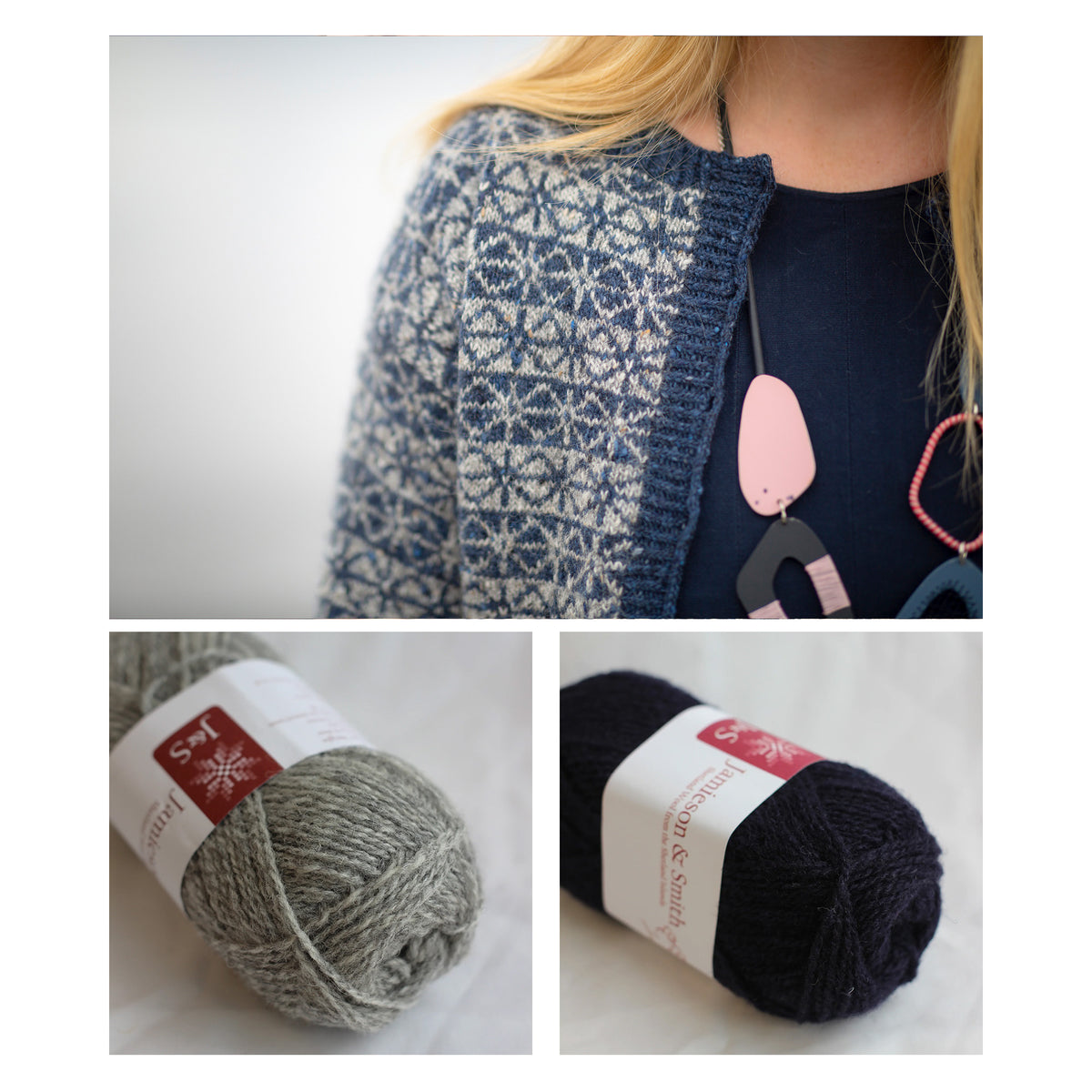 Tìoraidh cardigan with the two shades of Shetland Palette 1 shown below: Light Grey 203 and Dark Navy 36