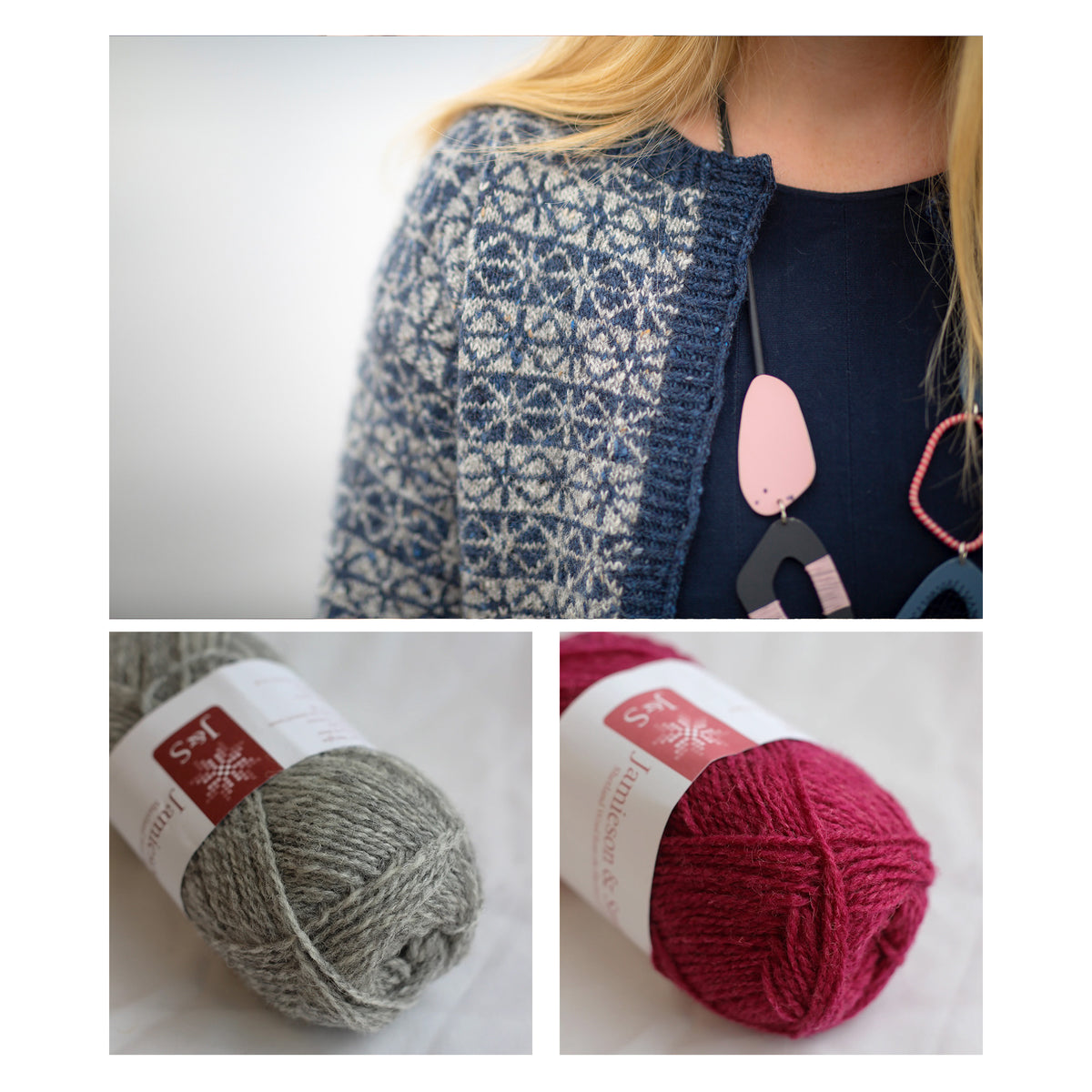 Tìoraidh cardigan with the two shades of Shetland Palette 5 shown below: Light Grey 203 and Dark Fuchsia 43