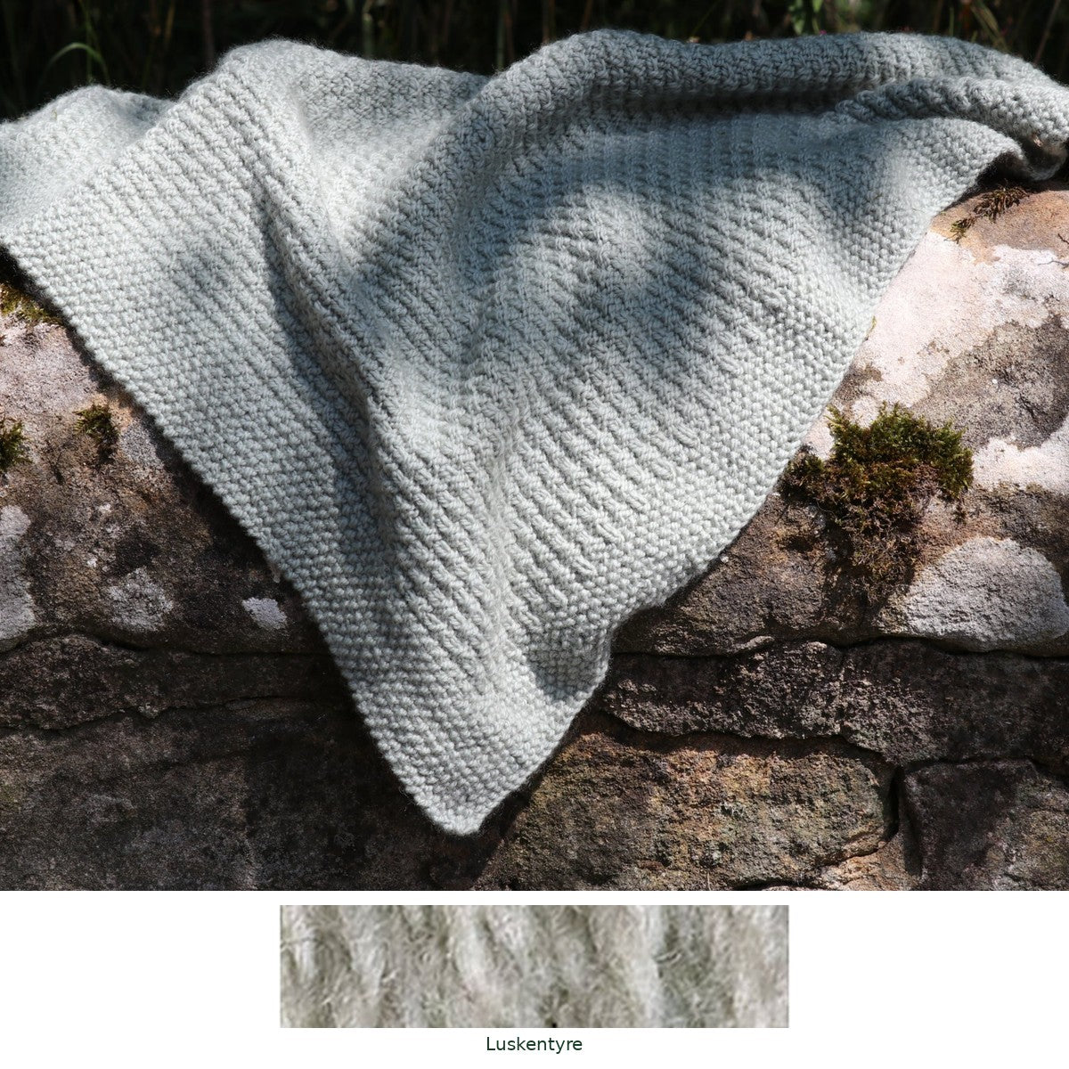 Alloway Raindrops Baby Blanket knitting kit in Luskentyre, with the yarn shade shown