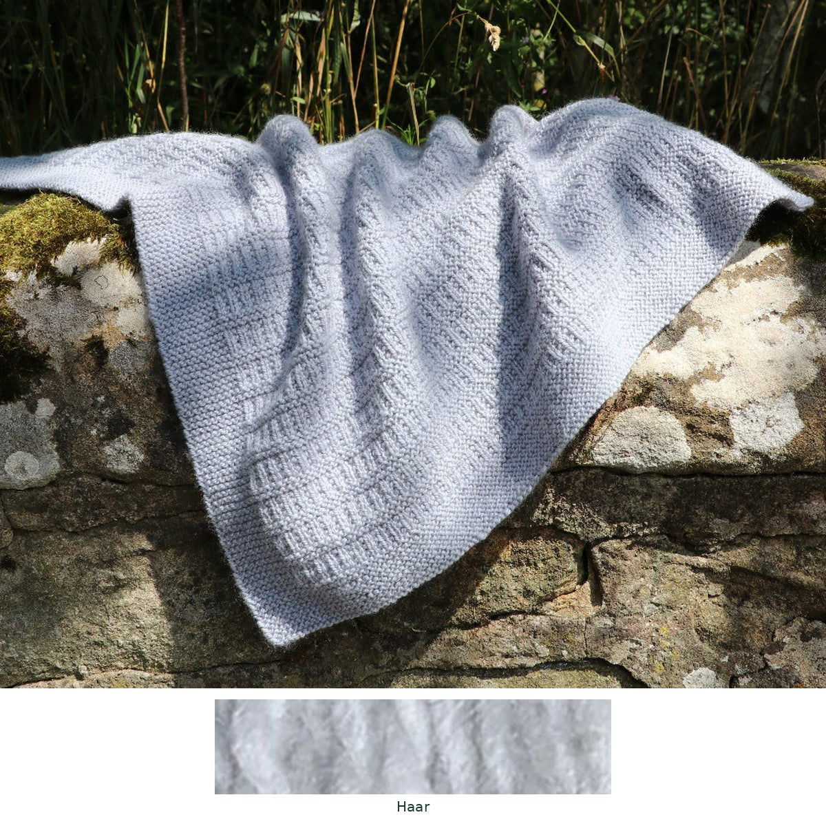 Cassillis Baby Blanket knitting kit in Haar, with the yarn shade shown