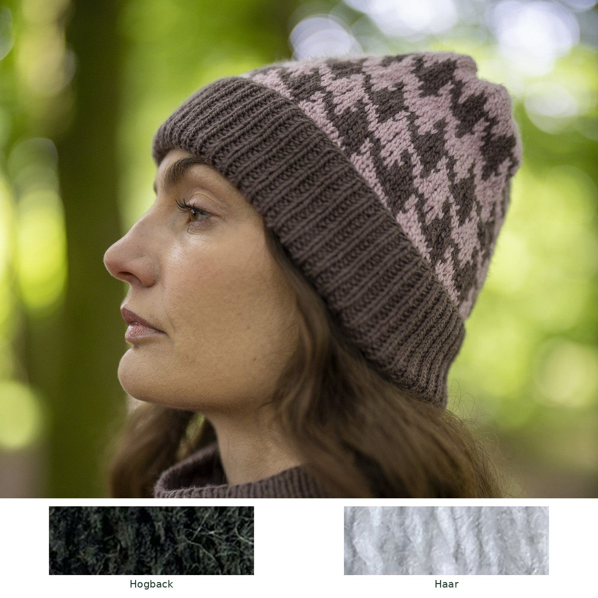 Eglinton Houndstooth Beanie knitting kit in Hogback and Haar, with both yarn shades shown