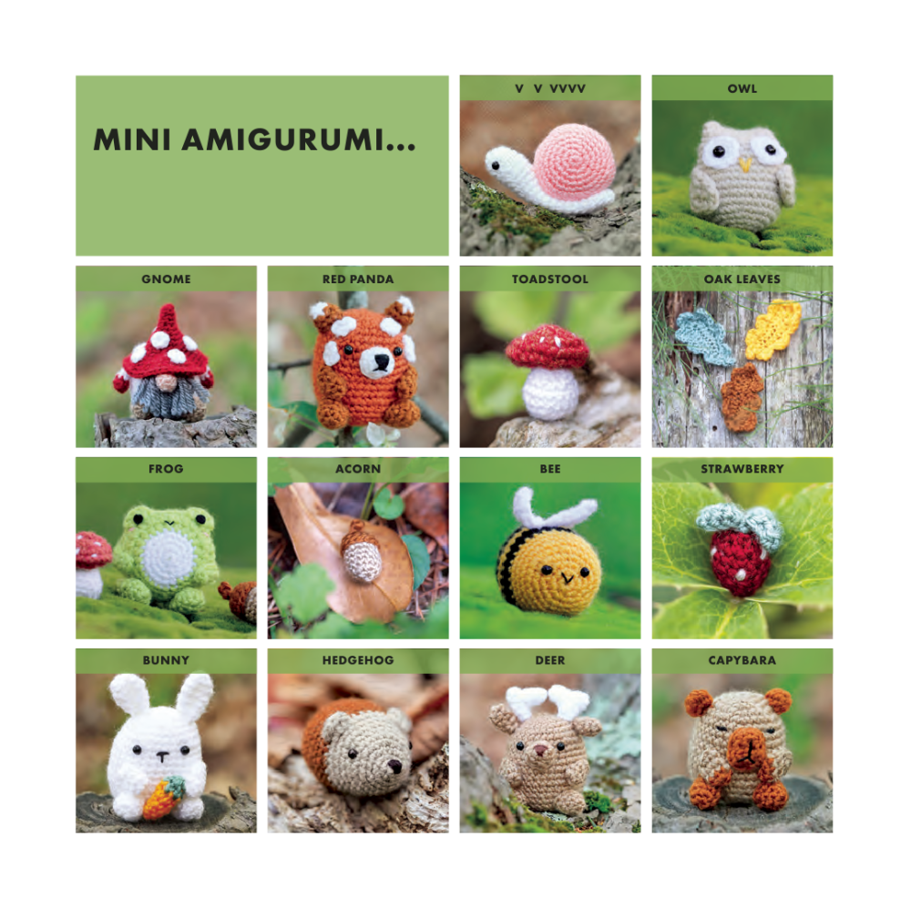 Collection of mini amigurumi toys with a green background