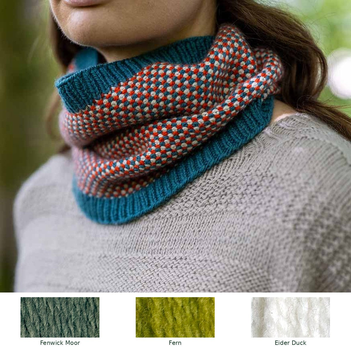 Weavers Way Linen Stitch Cowl knitting kit in Fenwick Moor, Fern and Eider Duck, with all three yarn shades shown