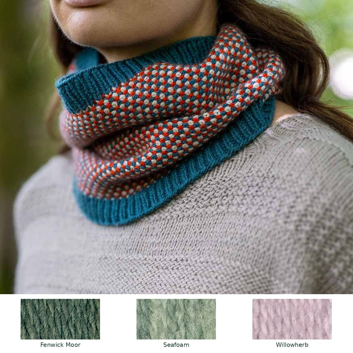 Weavers Way Linen Stitch Cowl knitting kit in Fenwick Moor, Seafoam and Willowherb, with all three yarn shades shown
