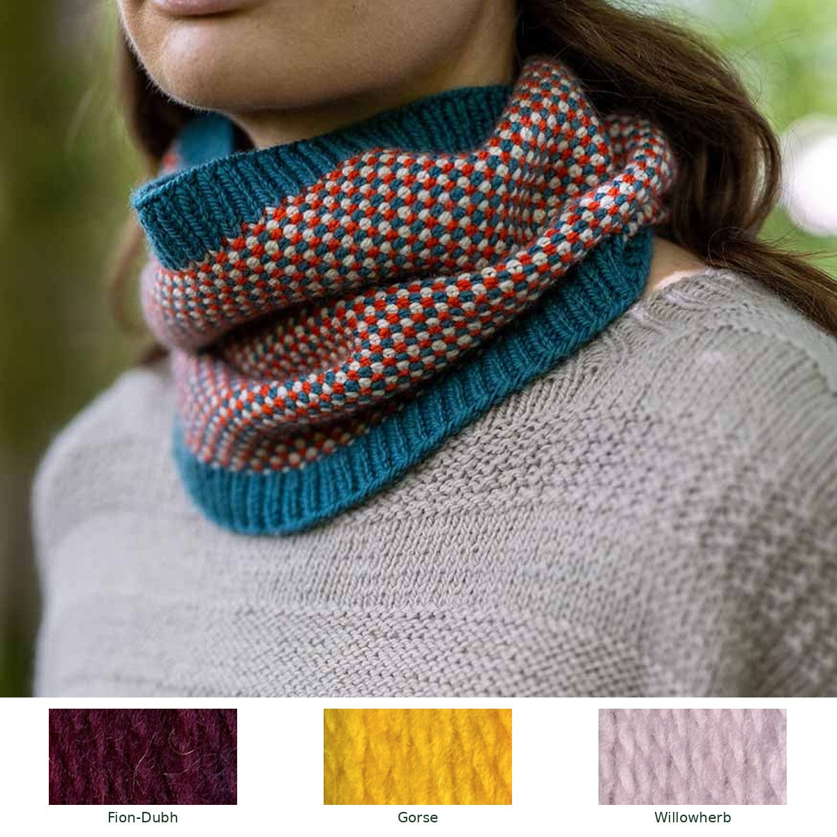 Weavers Way Linen Stitch Cowl knitting kit in Fion-Dubh, Gorse and Willowherb, with all three yarn shades shown