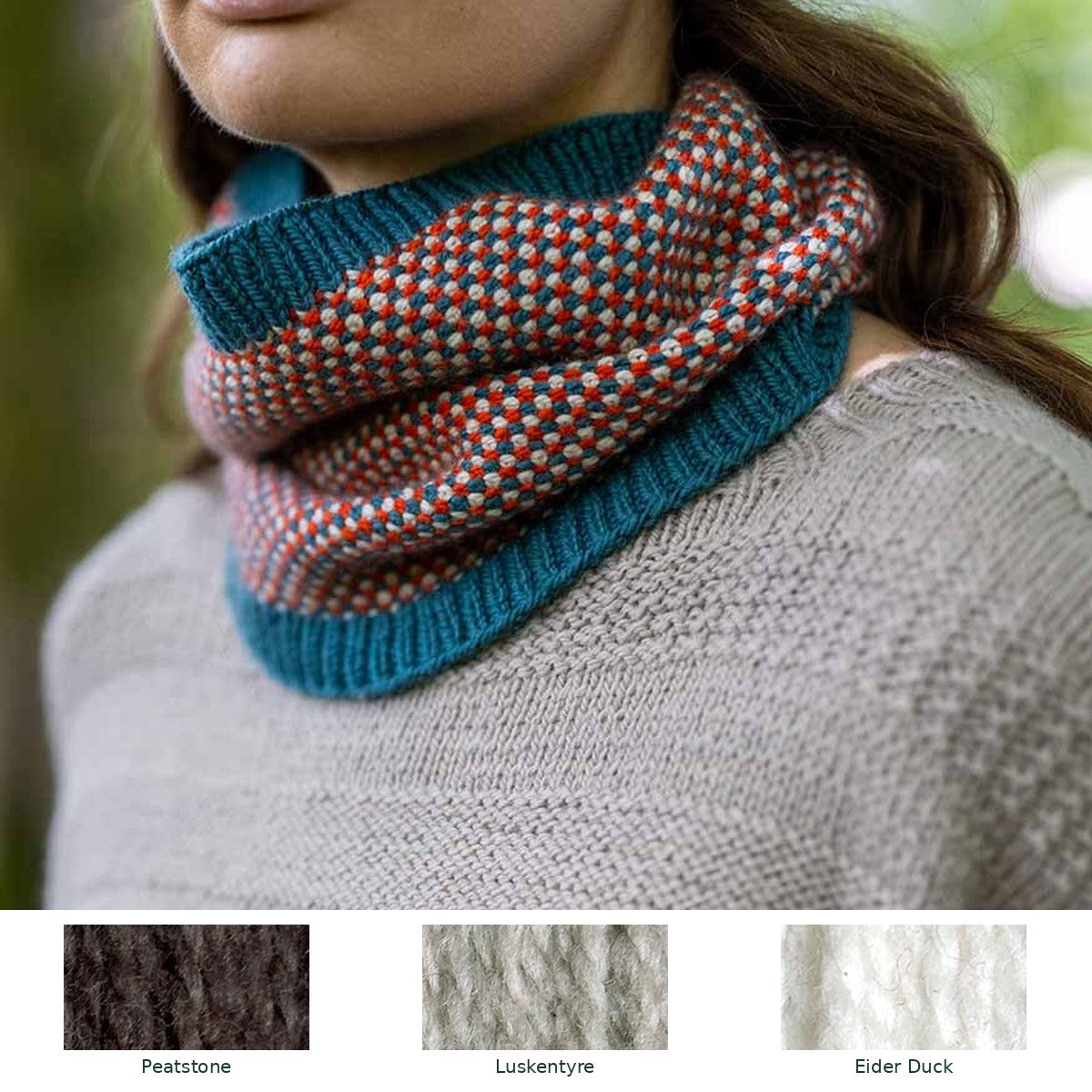 Weavers Way Linen Stitch Cowl knitting kit in Peatstone, Luskentyre and Eider Duck, with all three yarn shades shown