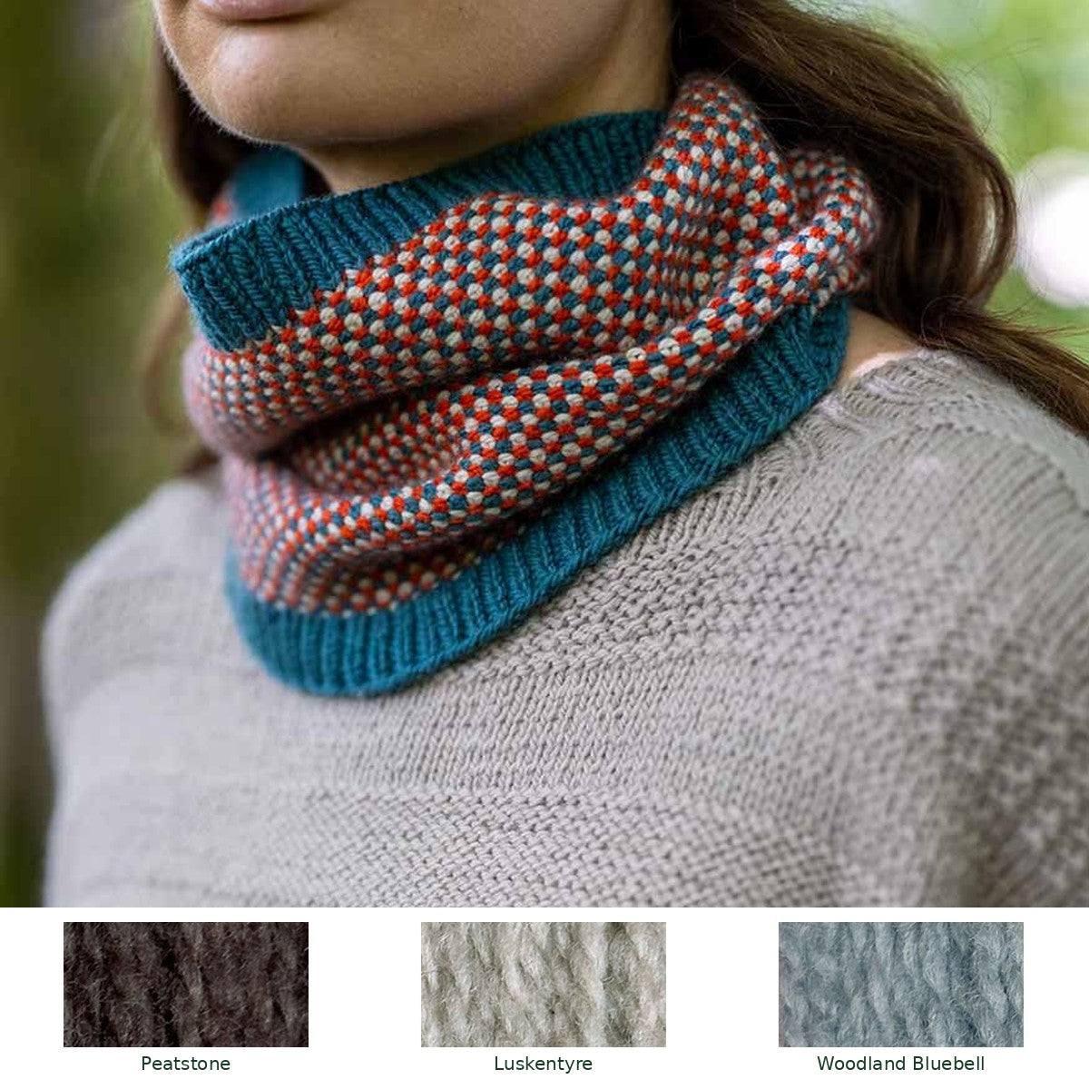Weavers Way Linen Stitch Cowl knitting kit in Peatstone, Luskentyre and Woodland Bluebell, with all three yarn shades shown