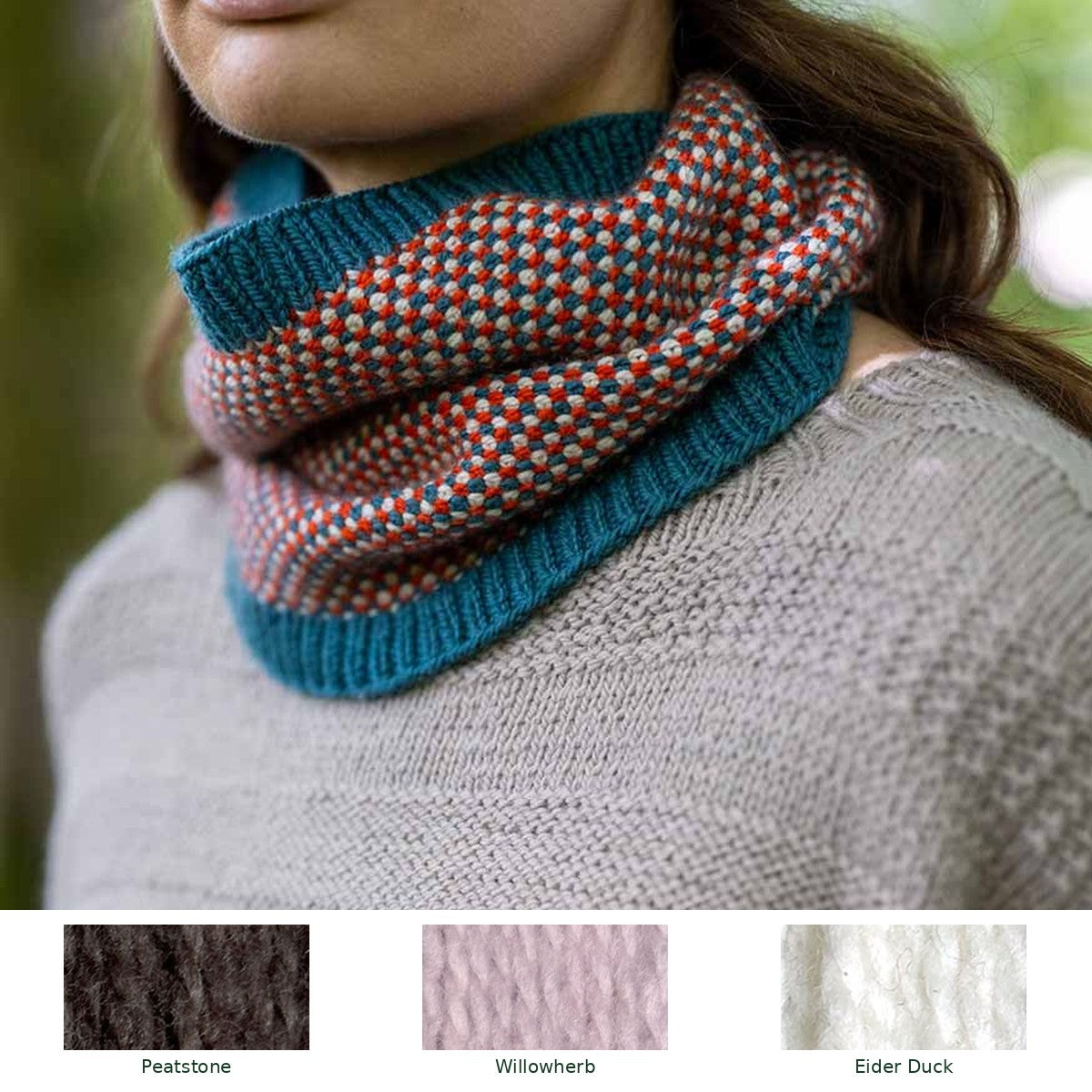 Weavers Way Linen Stitch Cowl knitting kit in Peatstone, Willowherb and Eider Duck, with all three yarn shades shown