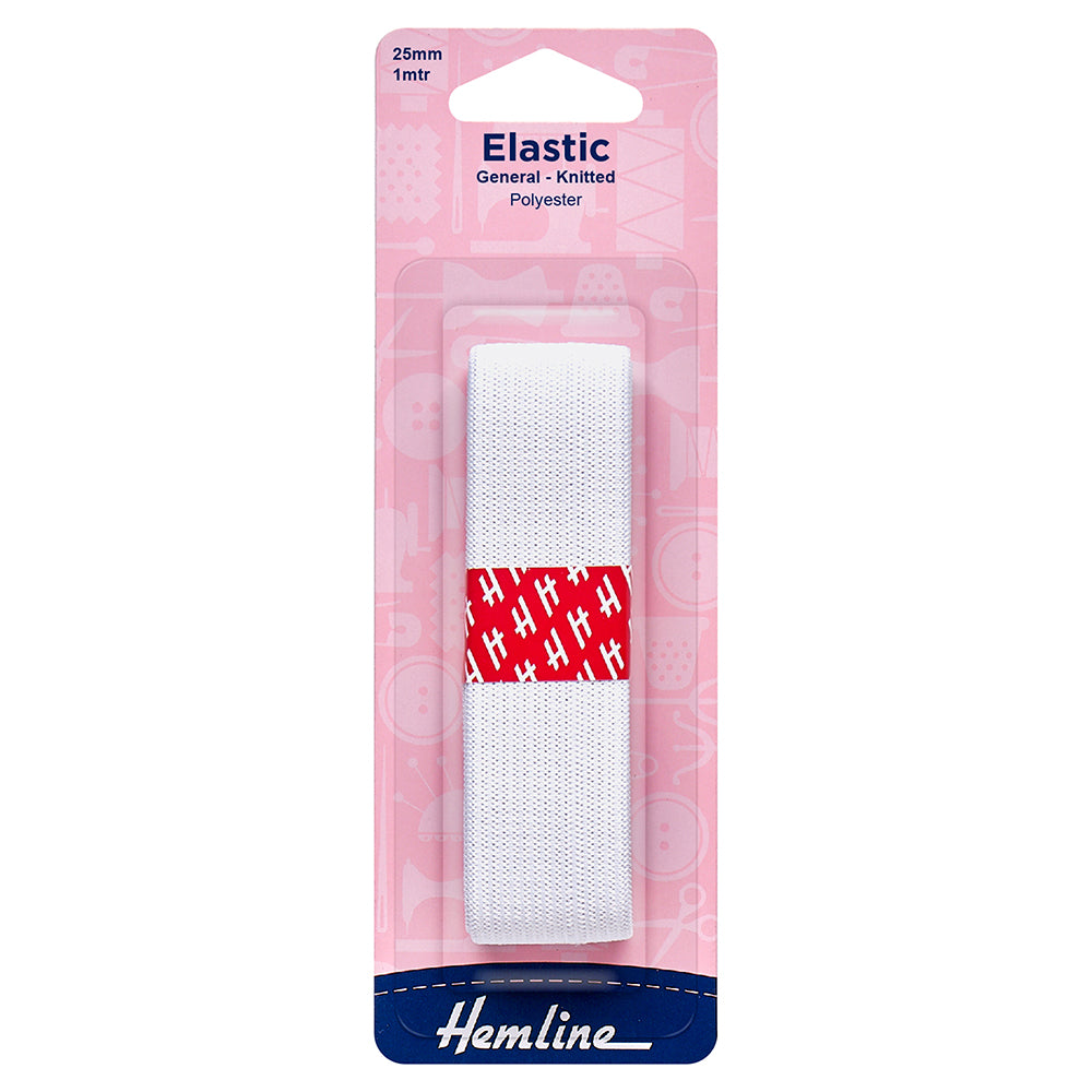 Hemline Elastic - General Knitted Elastic - 25mm wide - White (1m length)