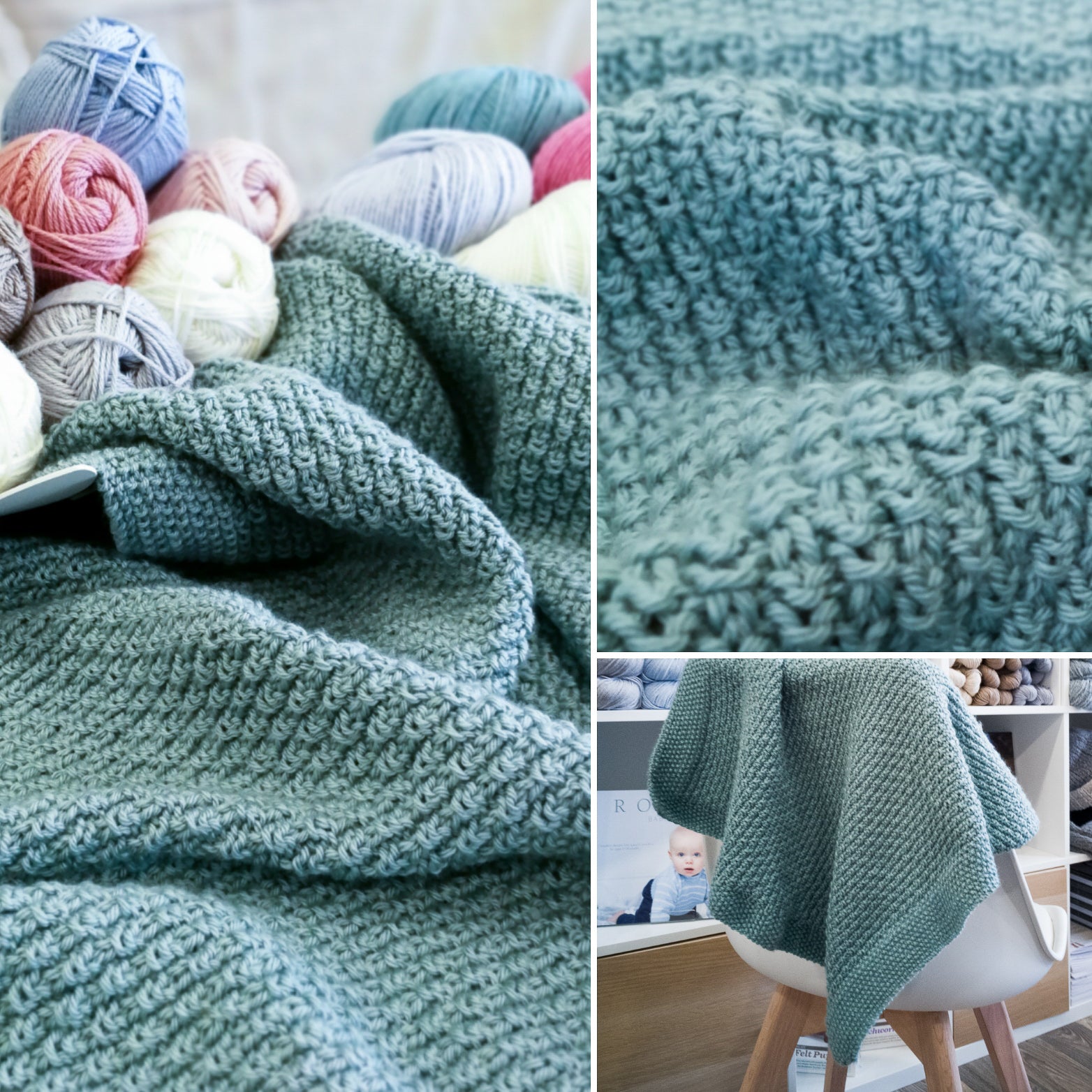Kit de tricot pour couverture bébé « Scottish Raindrops » en laine mérinos douce Rowan Baby Cashsoft