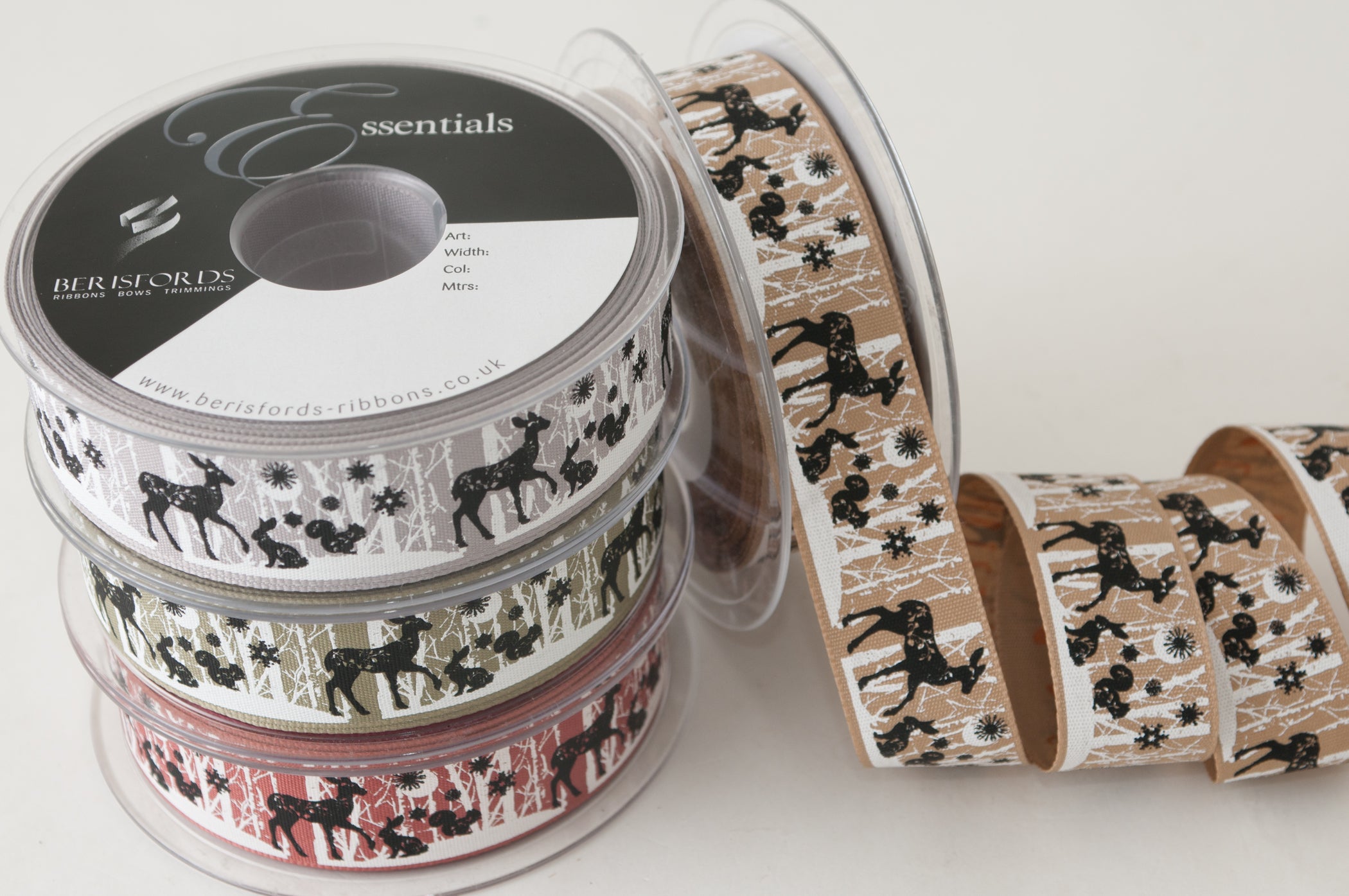 Berisfords Woven Ribbon with Woodland Animals - Silver Grey 25mm
