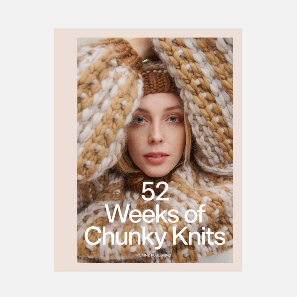 Book cover titled '52 Weeks of Chunky Knits' with a person wearing a chunky knit sweater and hat.