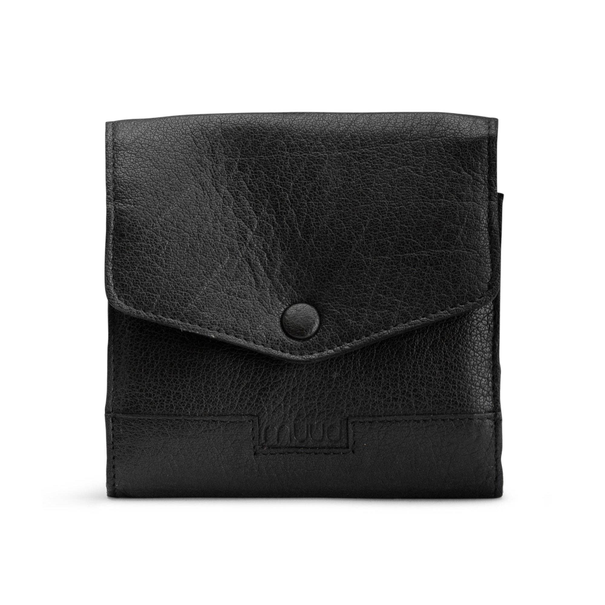 A foldable leather case with compartments, displayed alongside knitting needles and yarn, suggesting its use for storing and organizing knitting supplies.