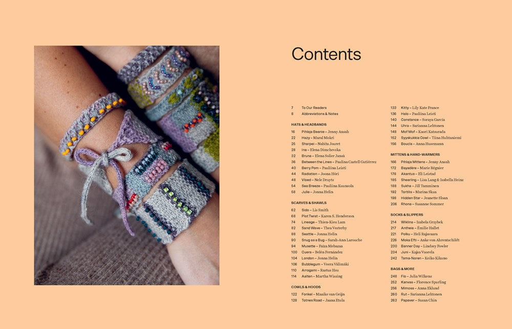 Contents page of a book with colorful bracelets on a person's wrist and a list of chapters on a beige background.
