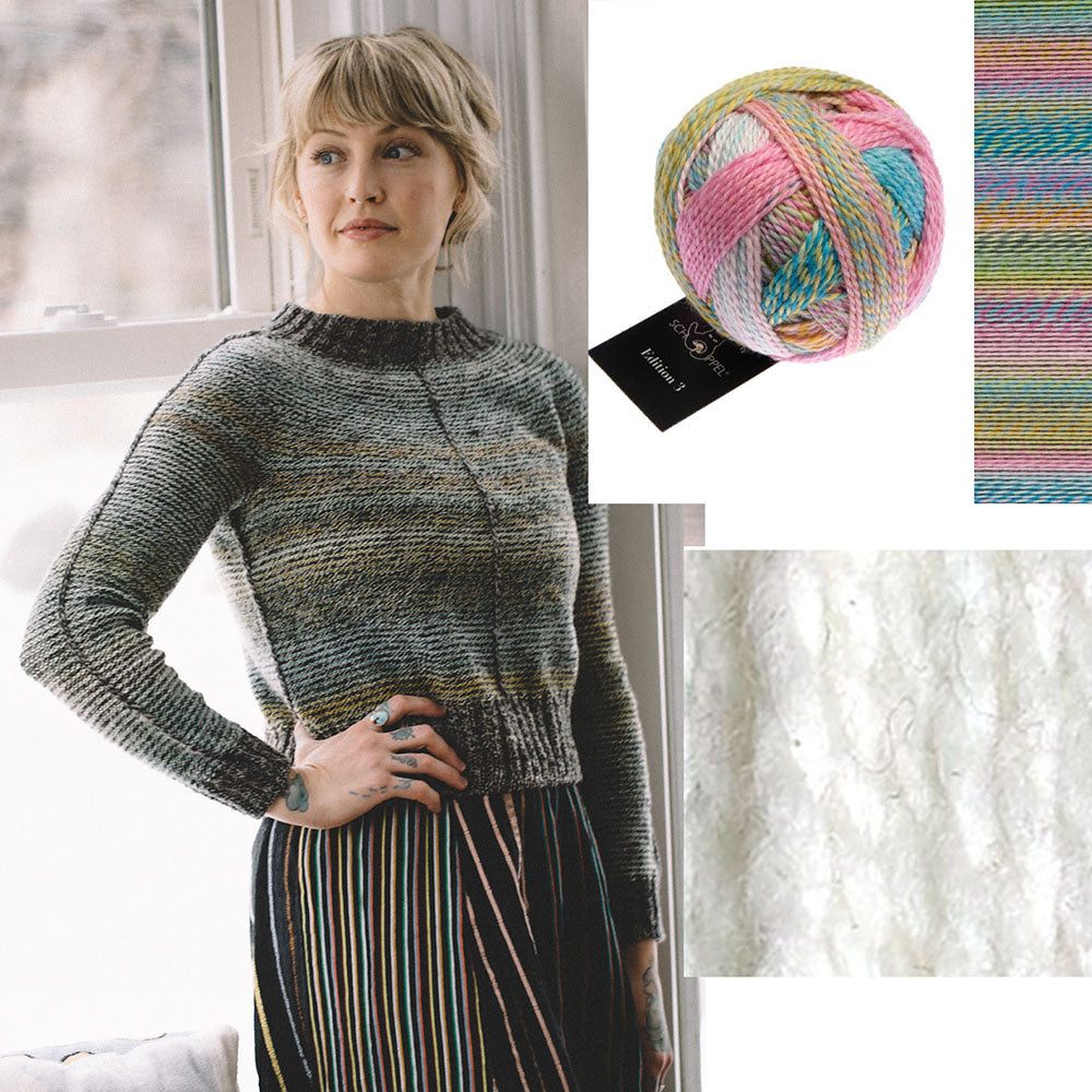 Orry Yarn Merino DK in Eider Duck with Schoppel Edition 3 in Hospitality Gift, the yarn pairing for the Metamorphic knitting kit