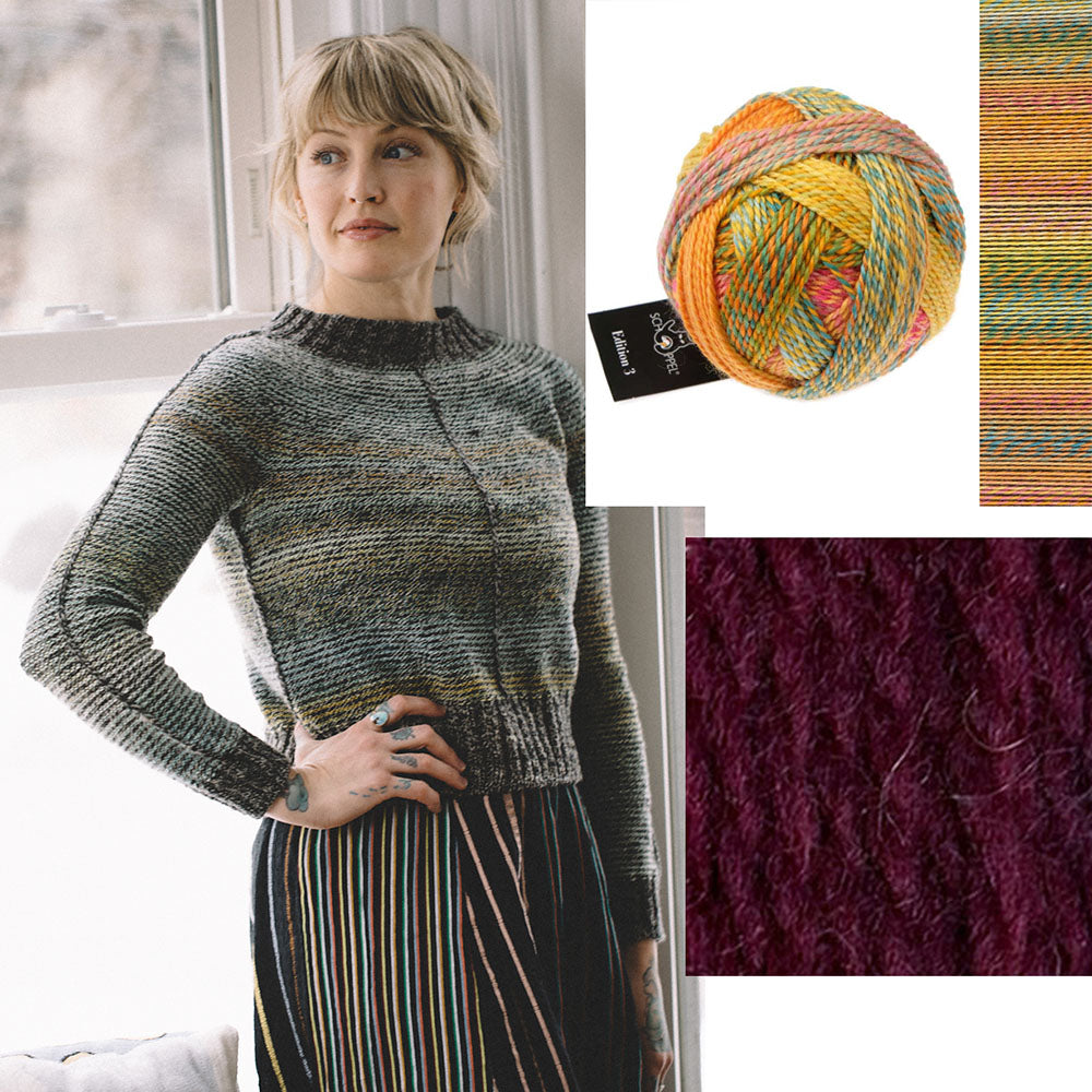Orry Yarn Merino DK in Fion-Dubh with Schoppel Edition 3 in Fool's Gold, the yarn pairing for the Metamorphic knitting kit