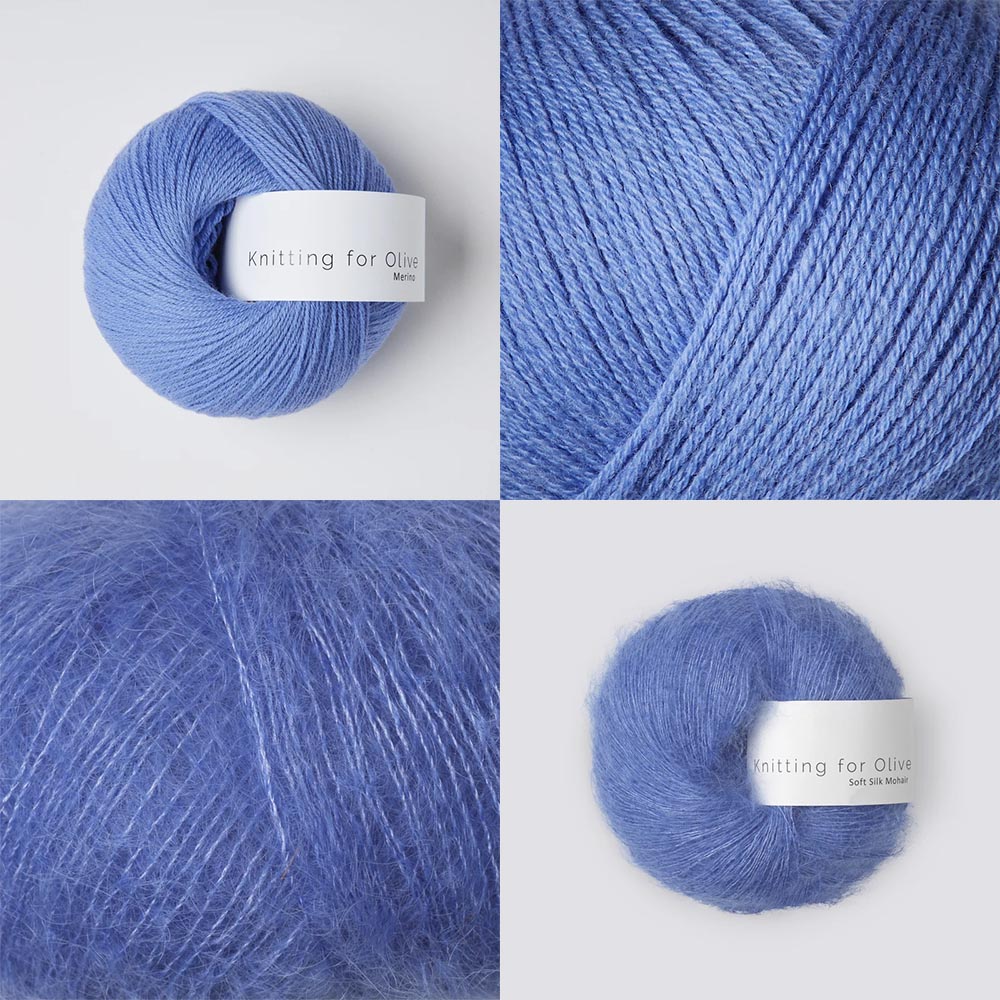 Knitting for Olive Merino and Soft Silk Mohair in Lavender Blue, shown as balls and in close-up