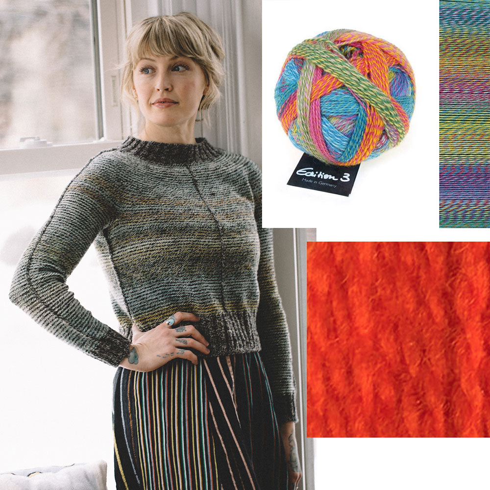 Orry Yarn Merino DK in Or-Dearg with Schoppel Edition 3 in English Garden, the yarn pairing for the Metamorphic knitting kit