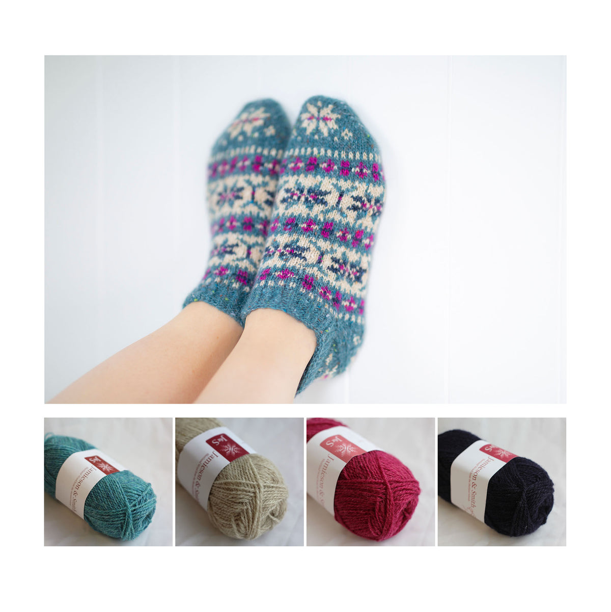 Pouzle slippers knitted in the Debbie colourway, with its four shades shown below: Bright Turquoise Mix FC34, Light Fawn 202, Dark Fuchsia 43 and Dark Navy 36