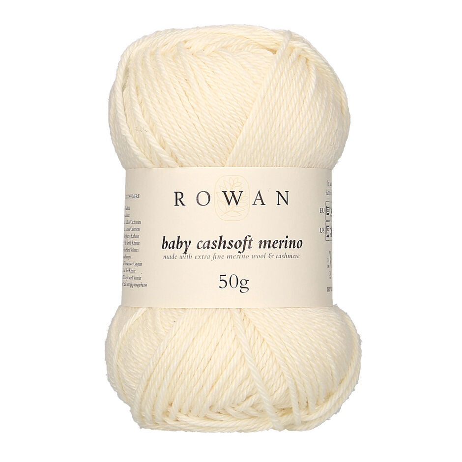 Ball of Rowan Baby Cashsoft Merino, wool, cashmere and acrylic 5ply baby yarn, in shade Cream 102