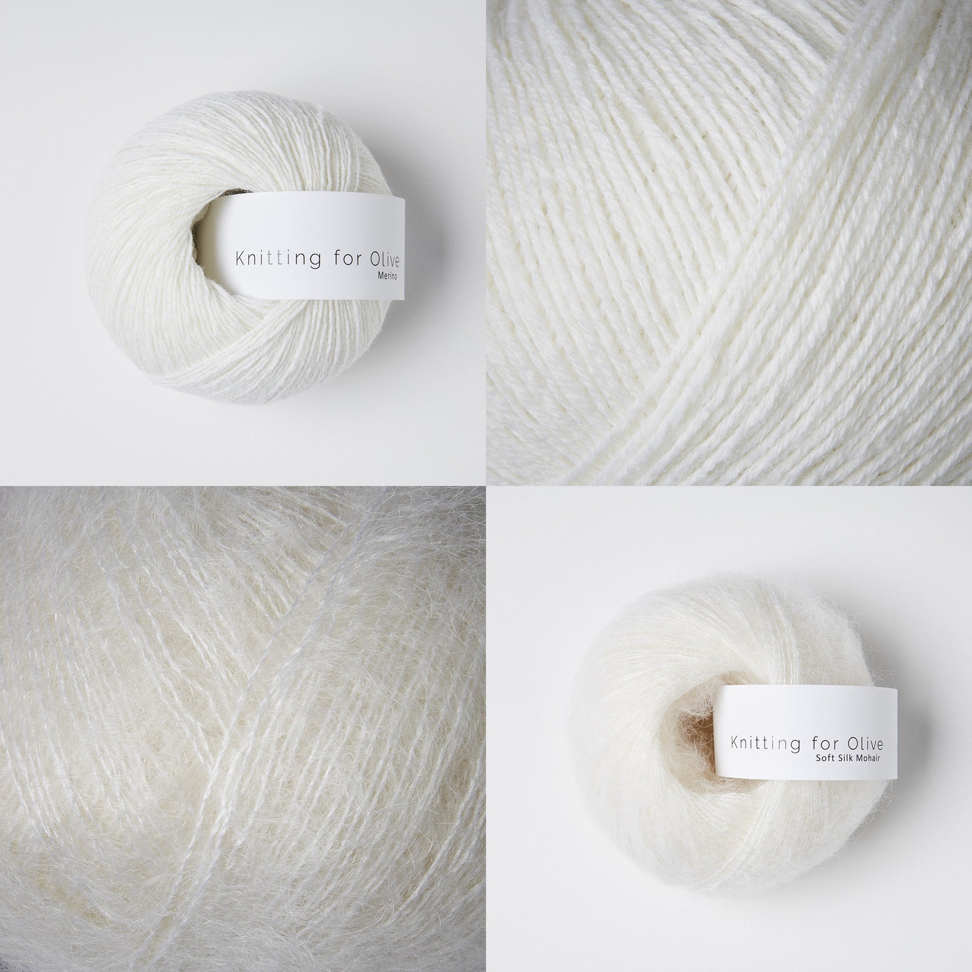 Knitting for Olive Merino and Soft Silk Mohair in Snowflake, shown as balls and in close-up