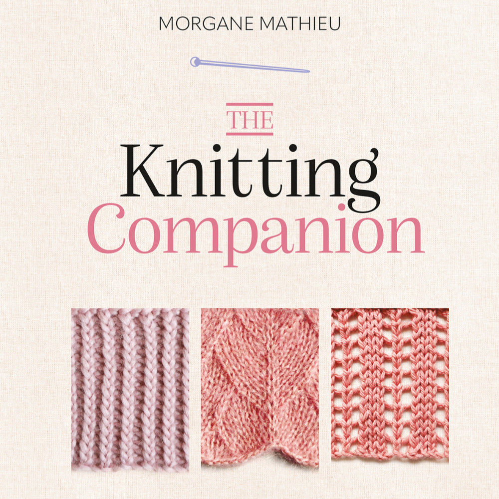 Book cover of 'The Knitting Companion' by Morgane Mathieu with knitting patterns and a needle on a light background.