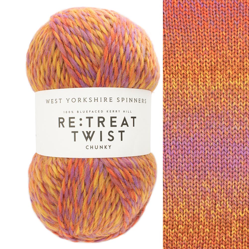 Ball of yarn with West Yorkshire Spinners label Retreat Twist and knitted fabric on the right