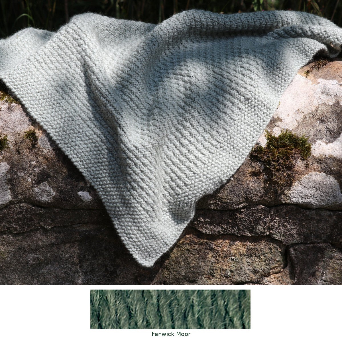 Alloway Raindrops Baby Blanket knitting kit in Fenwick Moor, with the yarn shade shown
