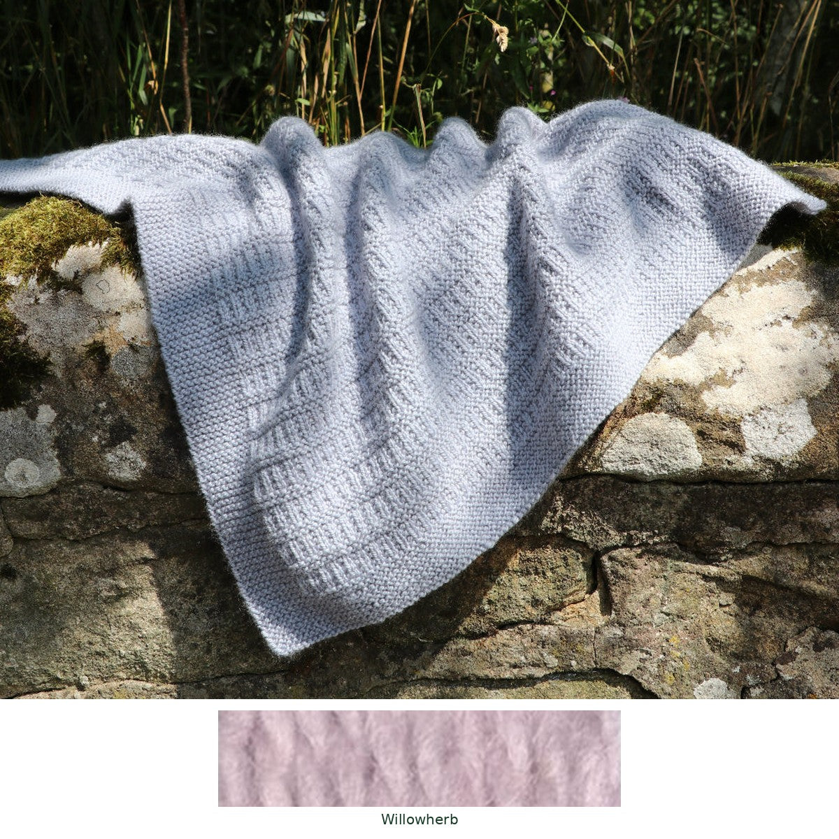 Cassillis Baby Blanket knitting kit in Willowherb, with the yarn shade shown