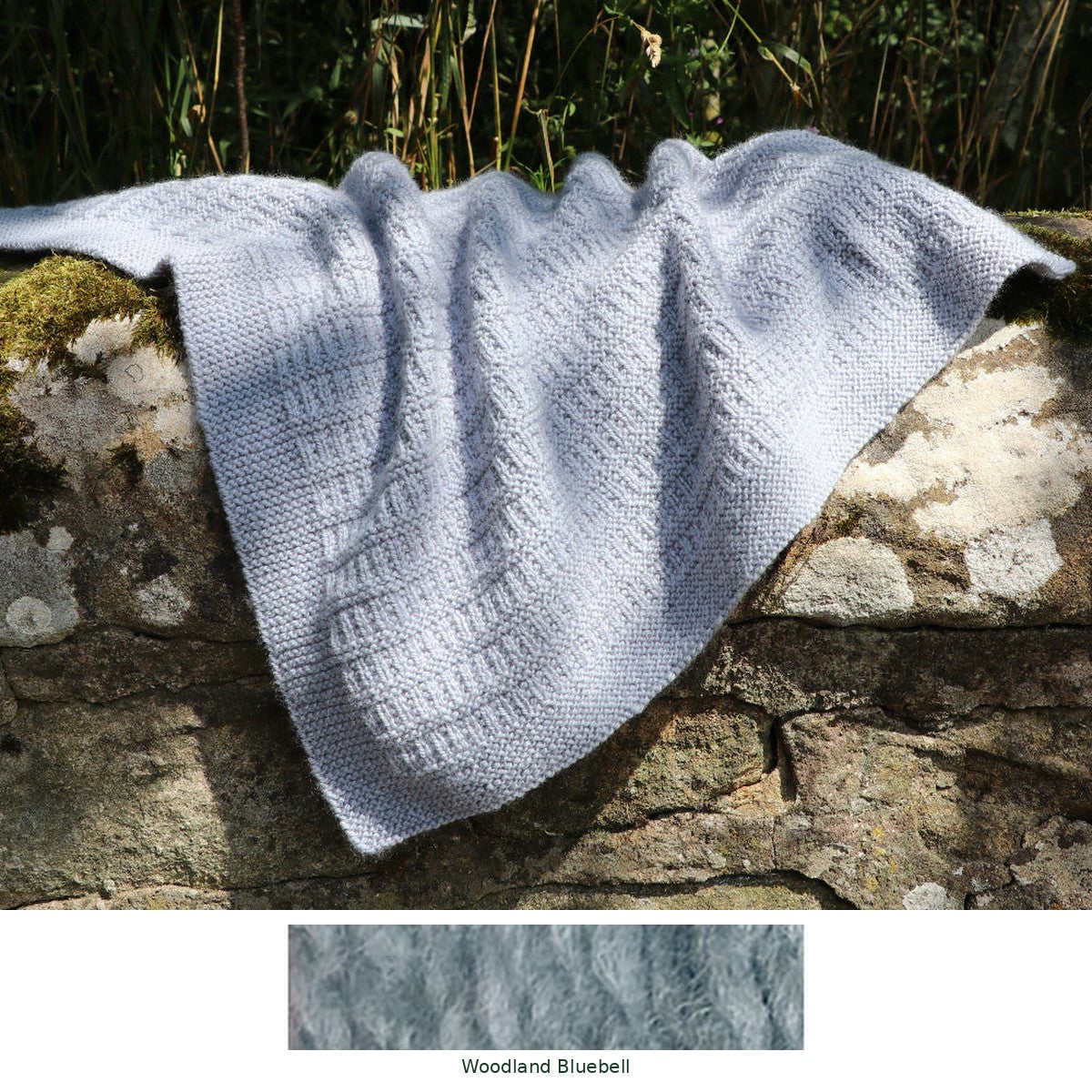 Cassillis Baby Blanket knitting kit in Woodland Bluebell, with the yarn shade shown