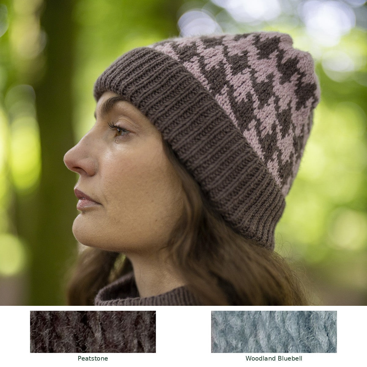 Eglinton Houndstooth Beanie knitting kit in Peatstone and Woodland Bluebell, with both yarn shades shown