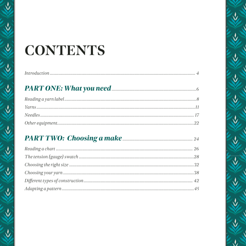 Table of contents page with a decorative teal border