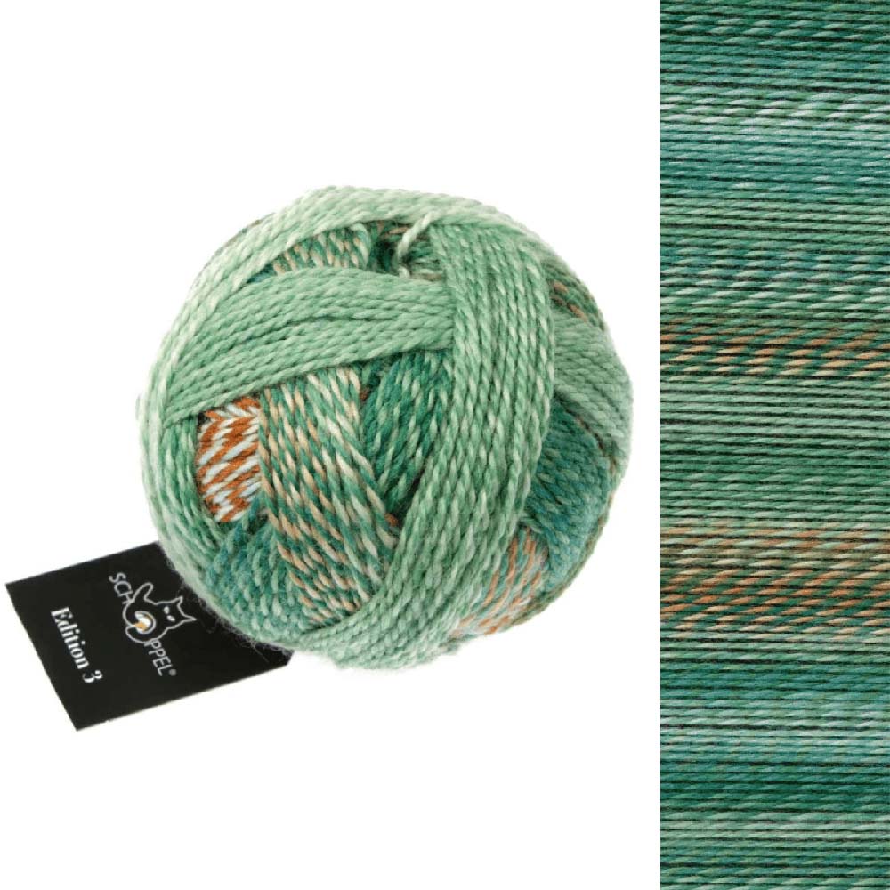 Ball of Schoppel Edition 3, 100% virgin wool sport weight gradient yarn, in shade Greens 2595