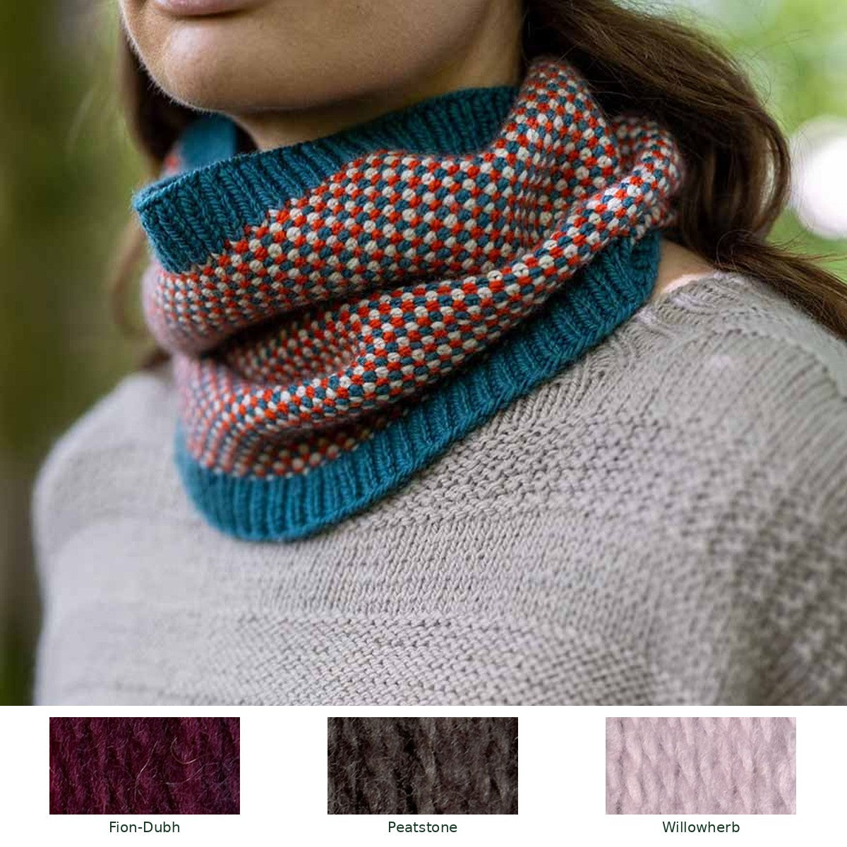 Weavers Way Linen Stitch Cowl knitting kit in Fion-Dubh, Peatstone and Willowherb, with all three yarn shades shown