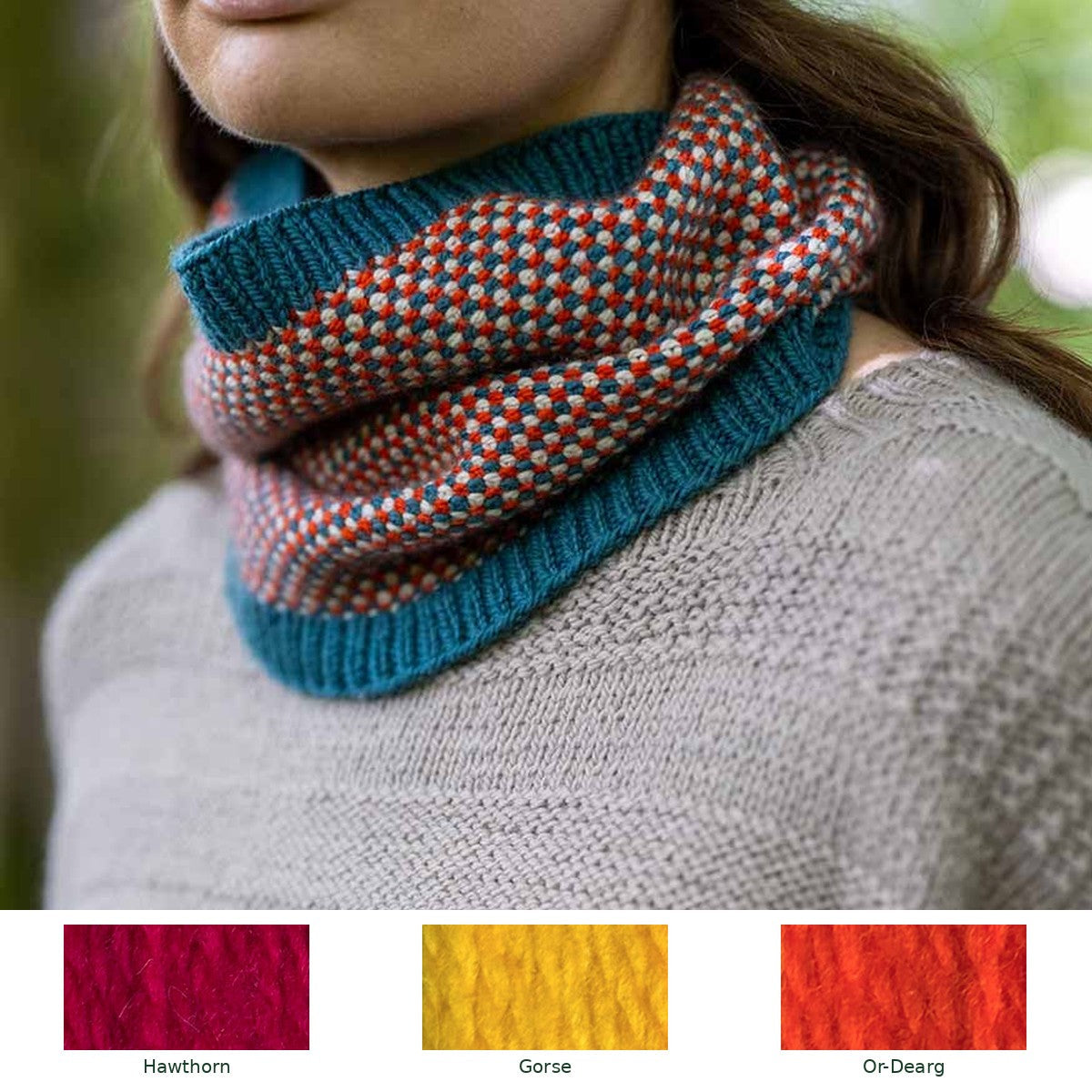 Weavers Way Linen Stitch Cowl knitting kit in Hawthorn, Gorse and Or-Dearg, with all three yarn shades shown
