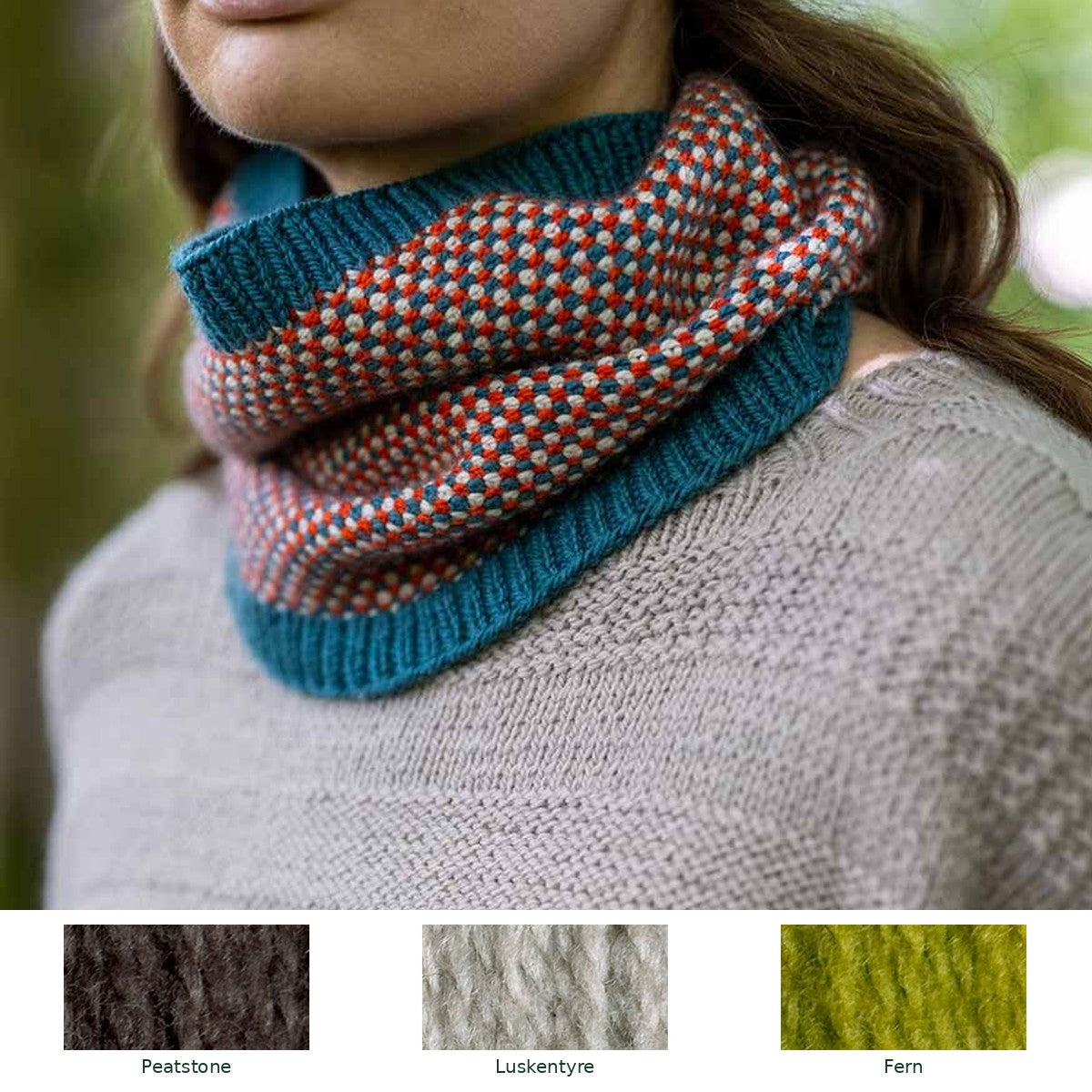 Weavers Way Linen Stitch Cowl knitting kit in Peatstone, Luskentyre and Fern, with all three yarn shades shown