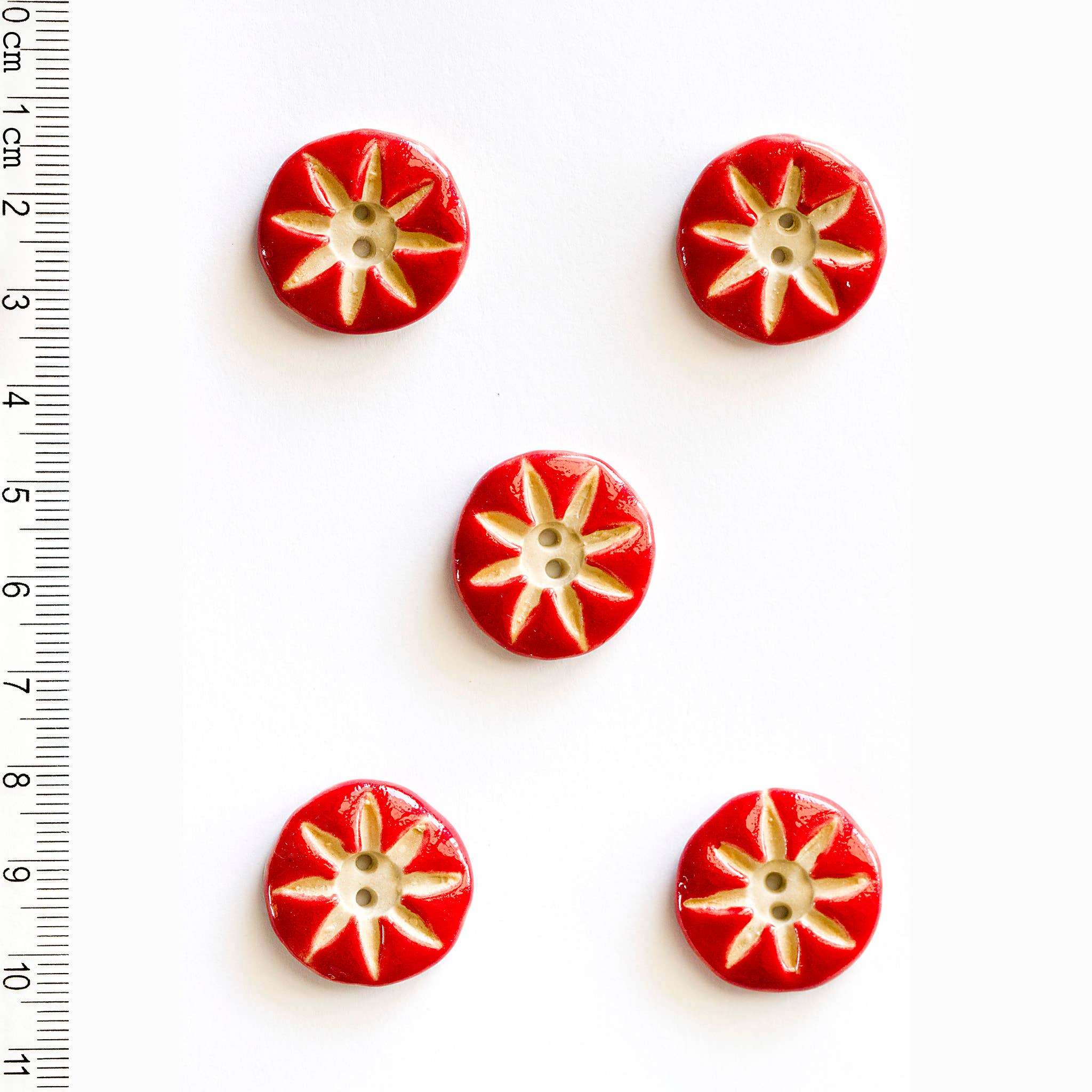 Incomparable Buttons - 5 Red Star Patterned Buttons